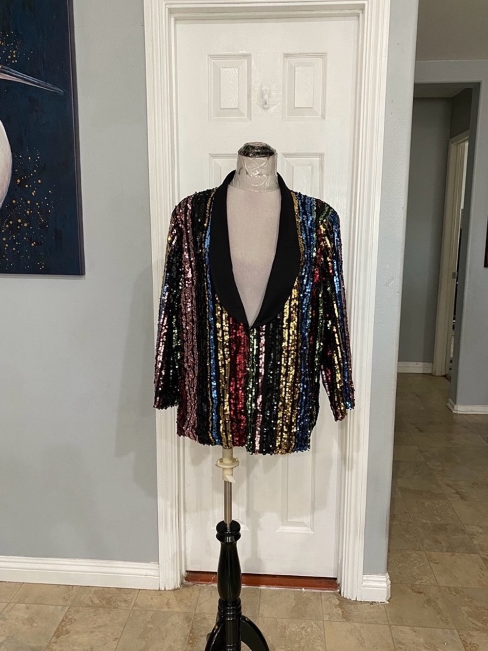 Amazon Multi-Color Sequin Stripe Blazer with Black Shawl Collar